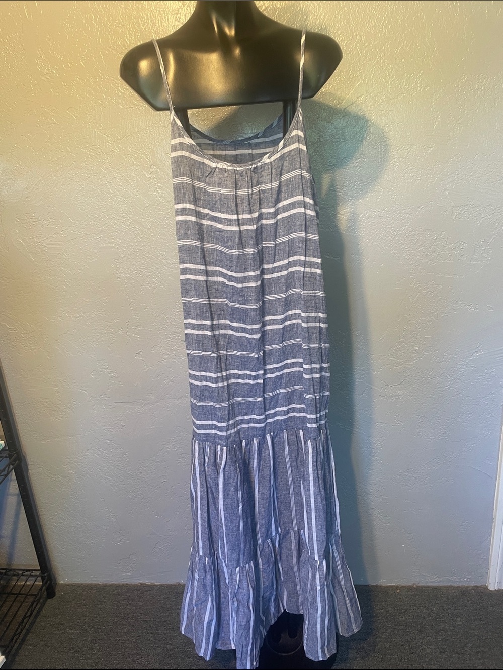 Striped Blue and White Maxi Sundress linen (no label) adjustable straps